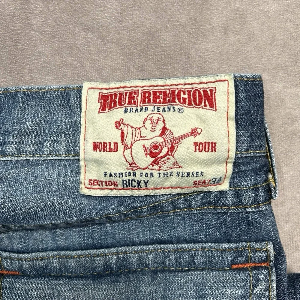 True Religion Jeans Mens 34x26 Blue Denim Straight Medium Wash Flaps USA Made